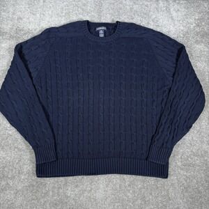 Lands End Sweater Men's Large Navy Blue Fisherman Cable Knit Crew Neck USA Made